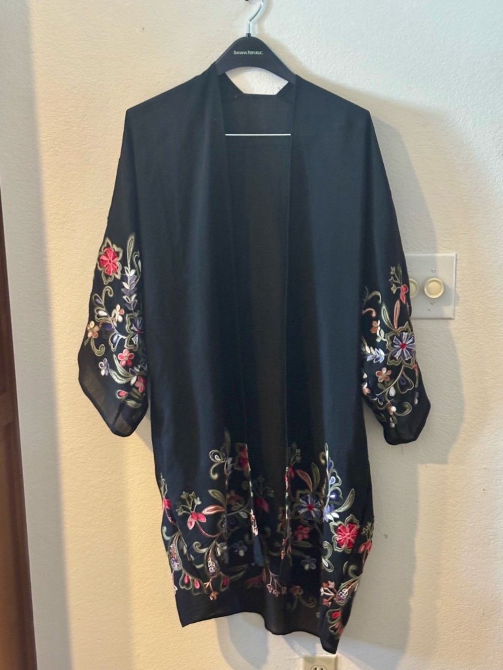Black Embroidered Sheer Duster with Floral Detail
